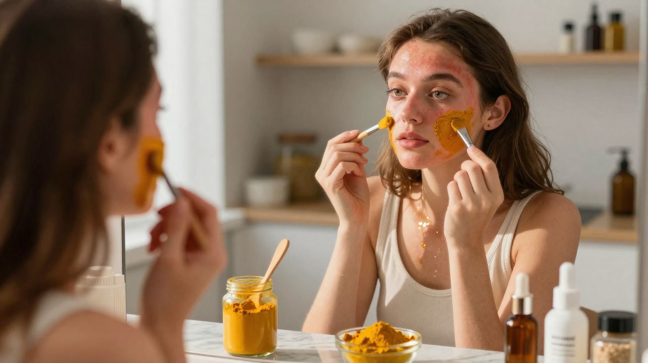 Mulher aplicando máscara facial amarela no rosto em frente ao espelho no banheiro.
