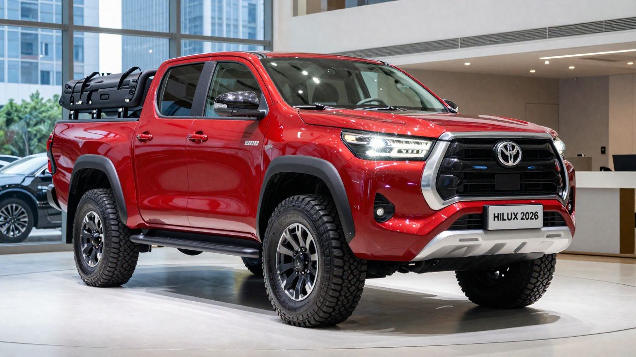 Picape Toyota Hilux 2026 na cor vermelha exibida em showroom moderno.