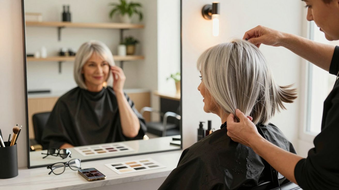 Mulher com cabelo grisalho curto sendo preparada por cabeleireiro em salão, refletida no espelho.