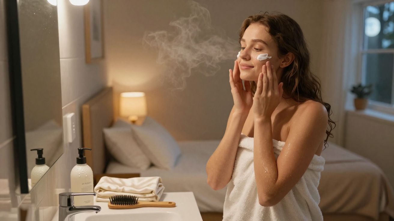 Mulher com toalha no corpo aplicando creme facial em banheiro iluminado e aconchegante.