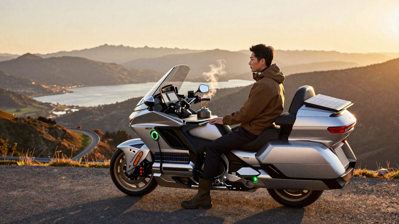 Homem sentado em motocicleta futurista parada com vista para lago e montanhas ao entardecer.