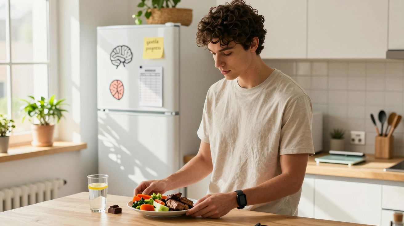Jovem com camiseta branca segurando um prato com refeições saudáveis em cozinha iluminada.