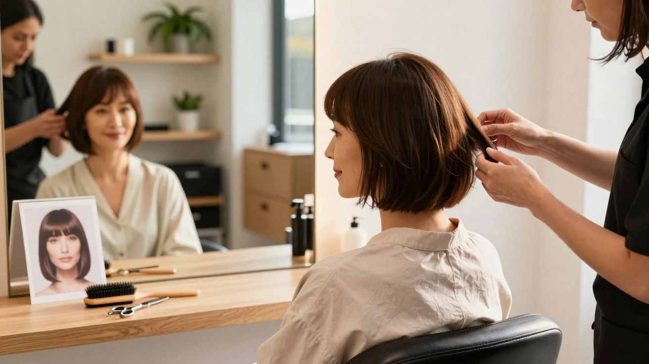 Mulher sentada em salão de beleza enquanto cabeleireira arruma seu cabelo curto na frente do espelho.
