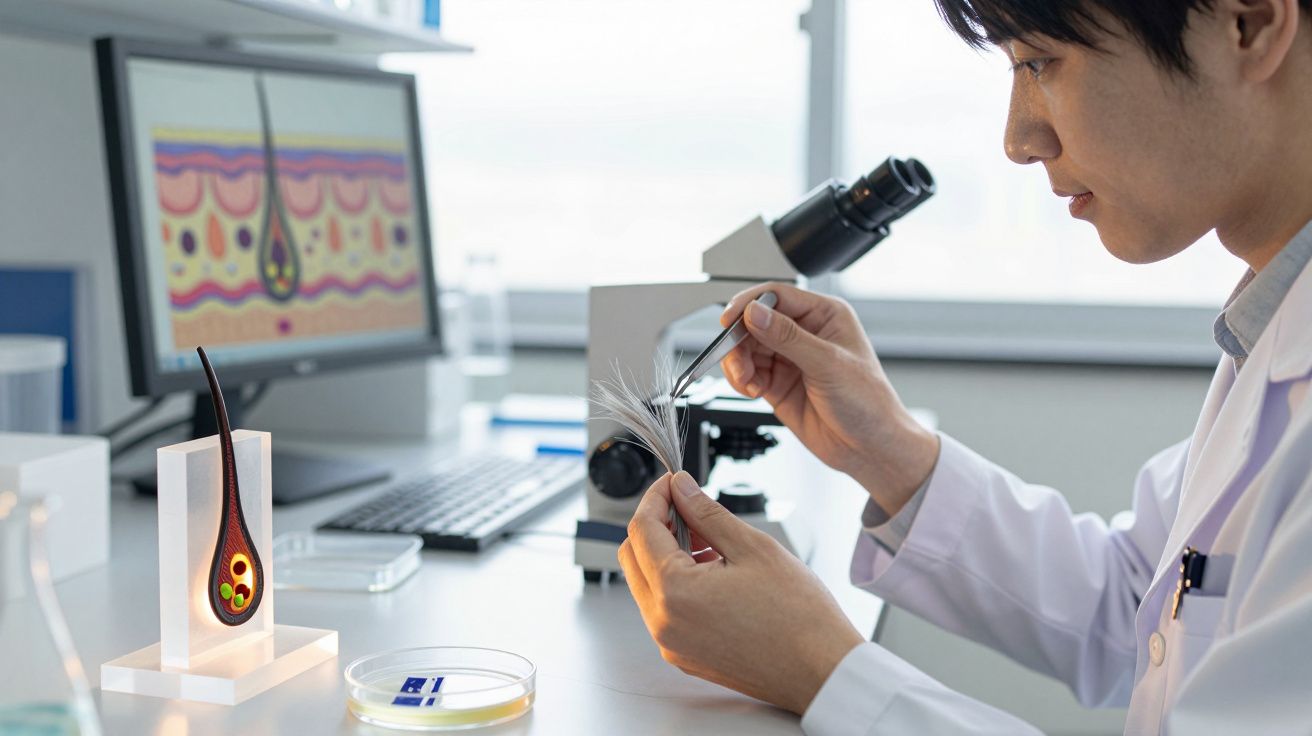 Cientista em laboratório analisando fio de cabelo com pinça, microscópio e imagem da pele no fundo.