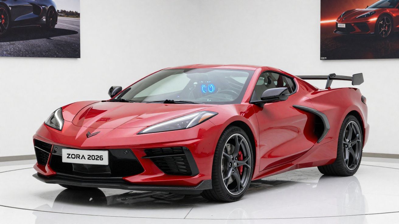 Carro esportivo vermelho modelo Zora 2026 exposto em ambiente interno branco com pôsteres na parede.