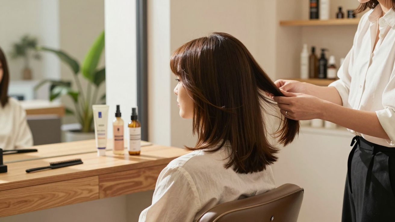 Mulher sentada em salão de beleza recebendo cuidados no cabelo de cabeleireira.