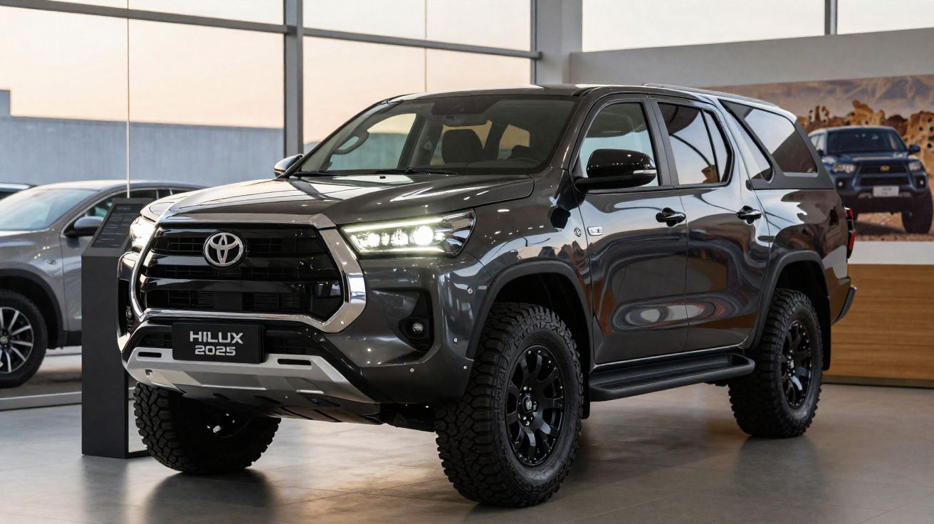 Toyota Hilux 2025 cinza escuro em exposição interna com faróis acesos e pneus off-road.