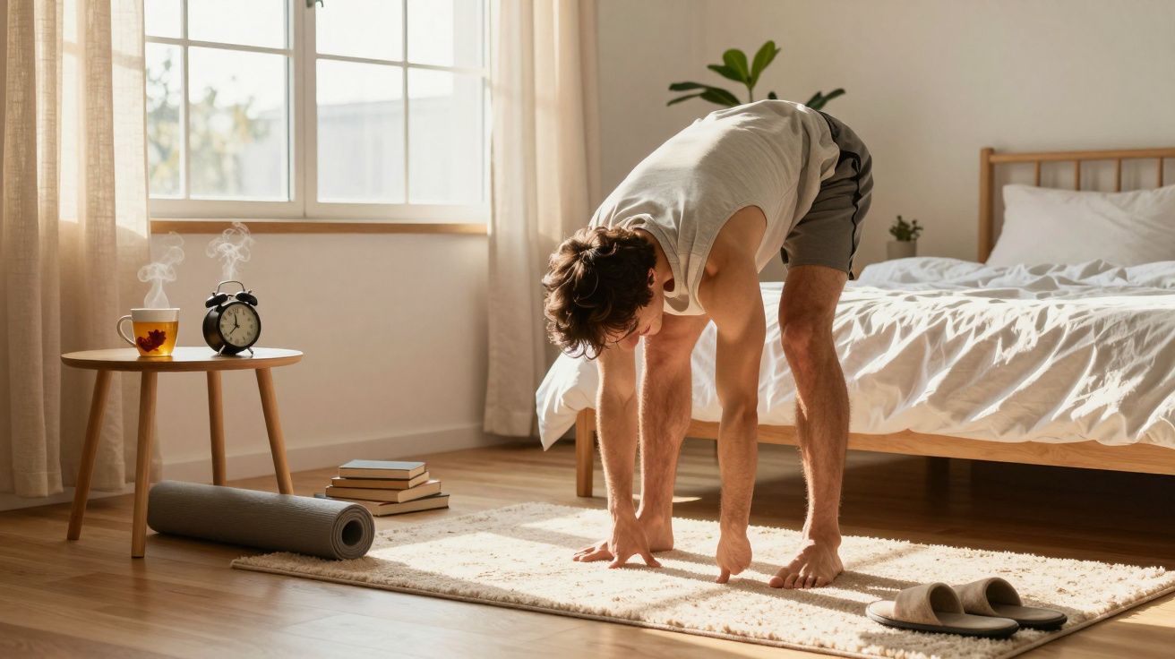 Homem praticando alongamento matinal ao lado da cama em quarto iluminado por luz natural.