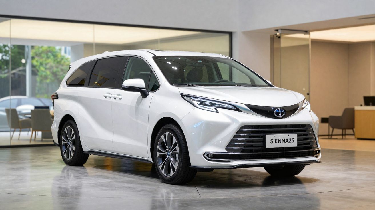 Minivan Toyota Sienna branca estacionada em ambiente interno com piso de concreto polido.