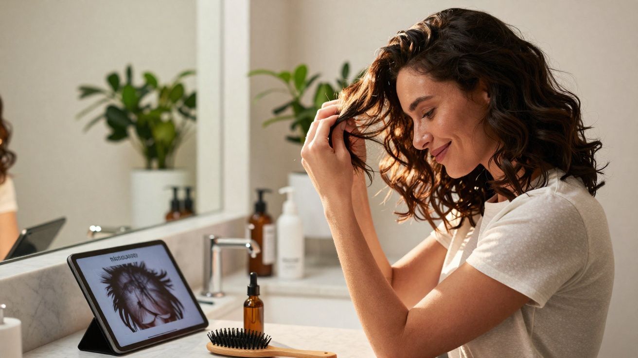 Mulher sorrindo olhando cabelos no banheiro com tablet mostrando imagem de raiz capilar.
