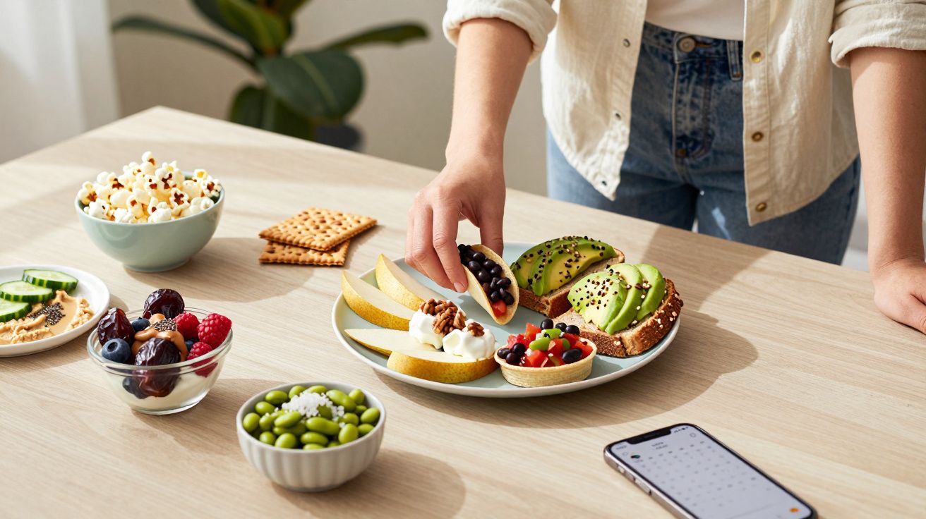 Pessoa pegando torrada com frutas, ao lado de pratos com snacks saudáveis e celular sobre mesa clara.