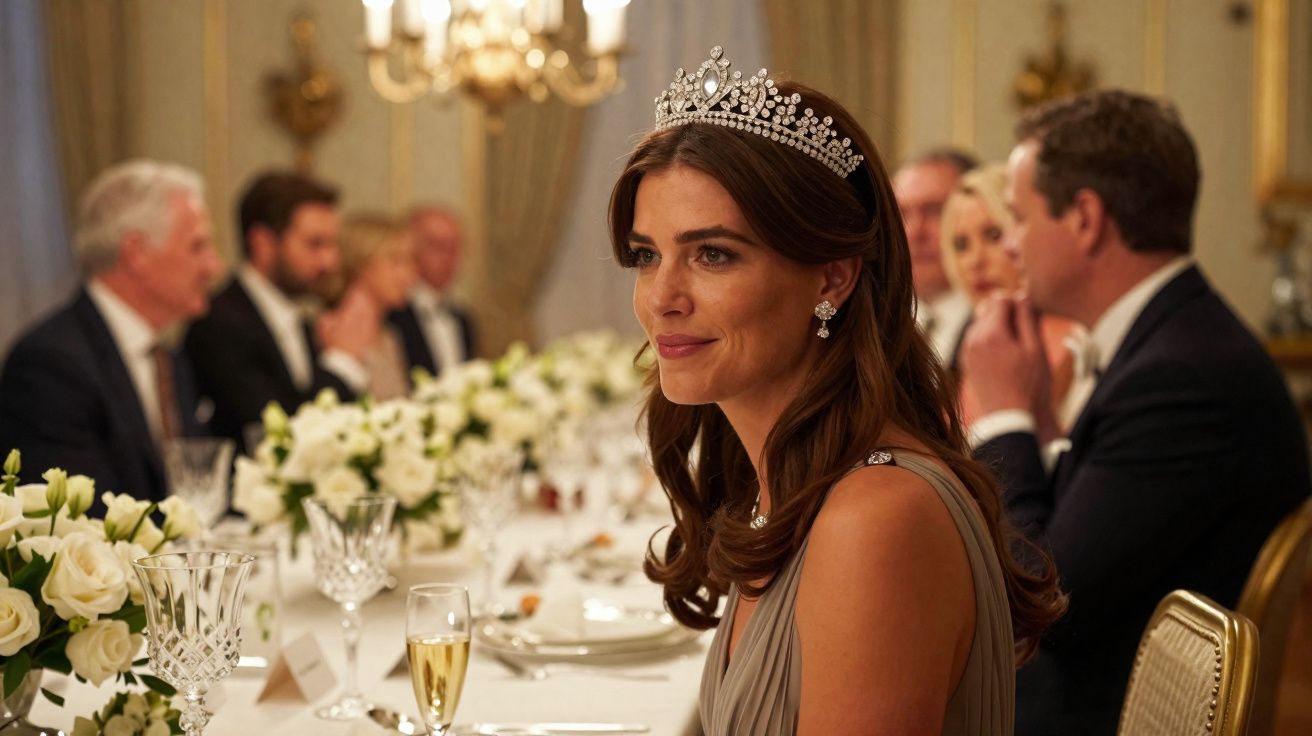 Mulher de vestido cinza e tiara sentada à mesa de jantar elegante decorada com flores brancas.