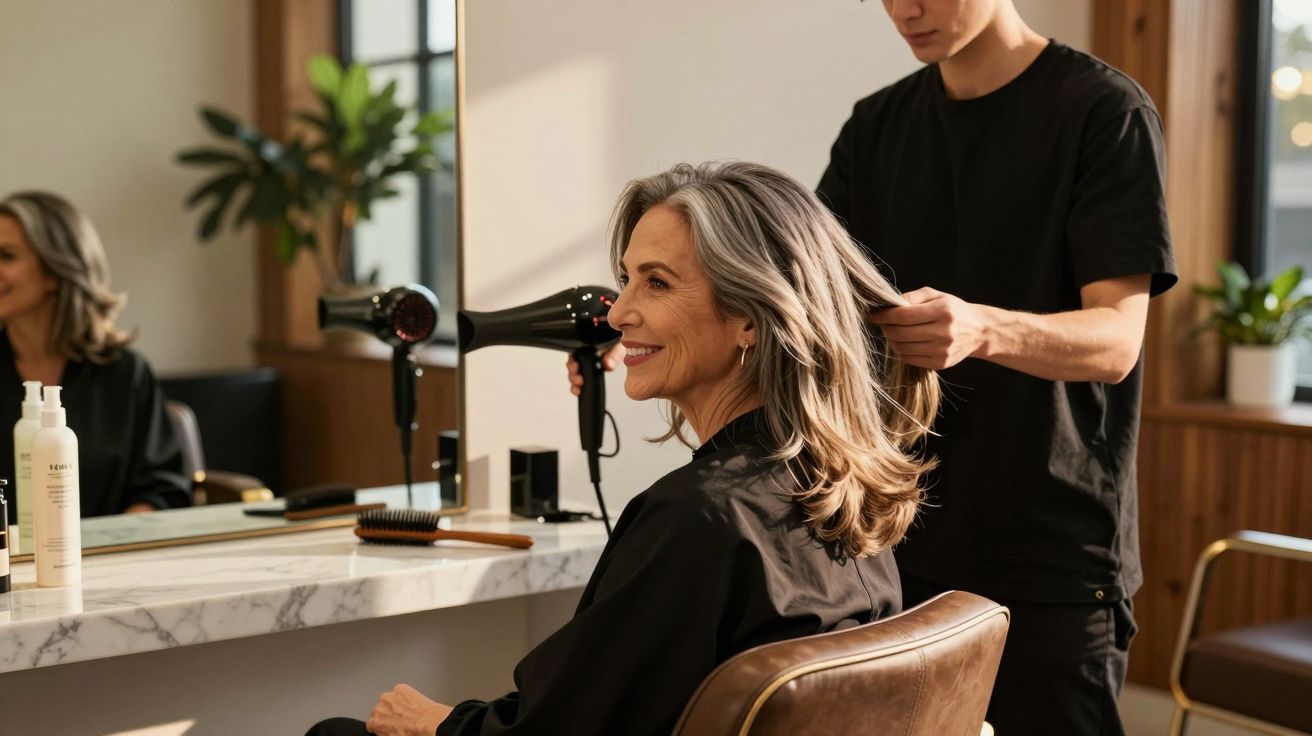Mulher sorridente sentada em salão de beleza enquanto cabeleireiro seca seu cabelo com secador.