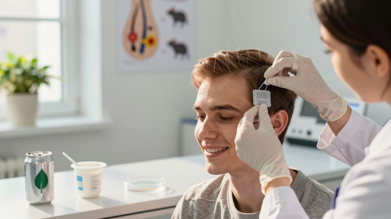 Paciente sorridente recebendo teste de sensibilidade alimentar aplicado na região da cabeça por profissional de saúde.