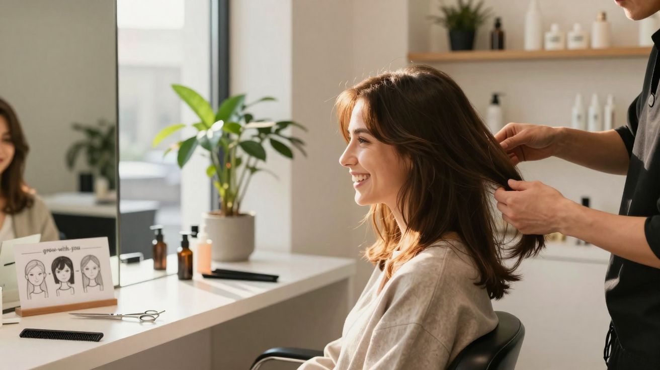 Mulher sorridente sentada em cadeira de salão enquanto cabeleireiro segura seu cabelo.
