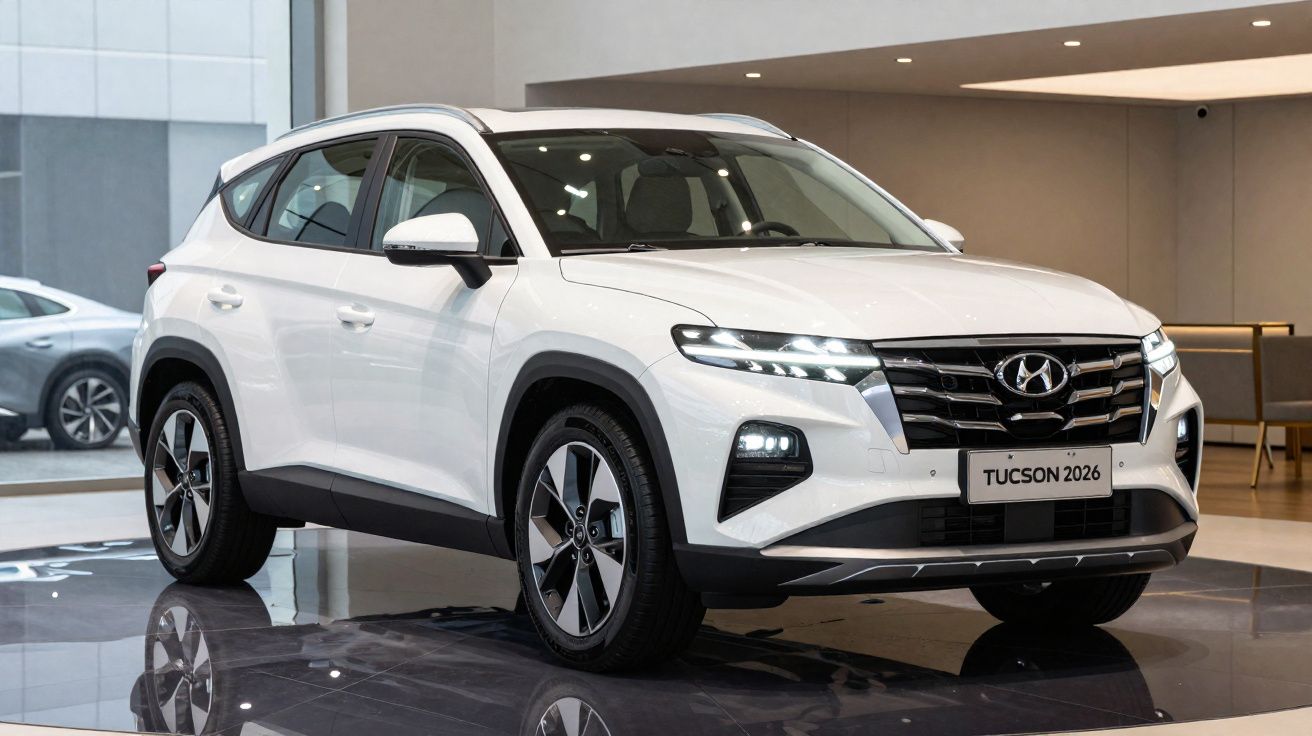 SUV branco Hyundai Tucson 2026 em exposição interna com detalhes modernos e faróis acesos.