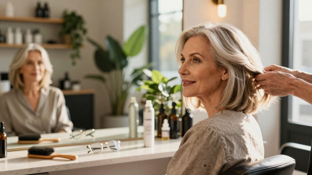 Mulher madura sorrindo enquanto recebe cuidados no salão de beleza, com acessórios e produtos ao fundo.