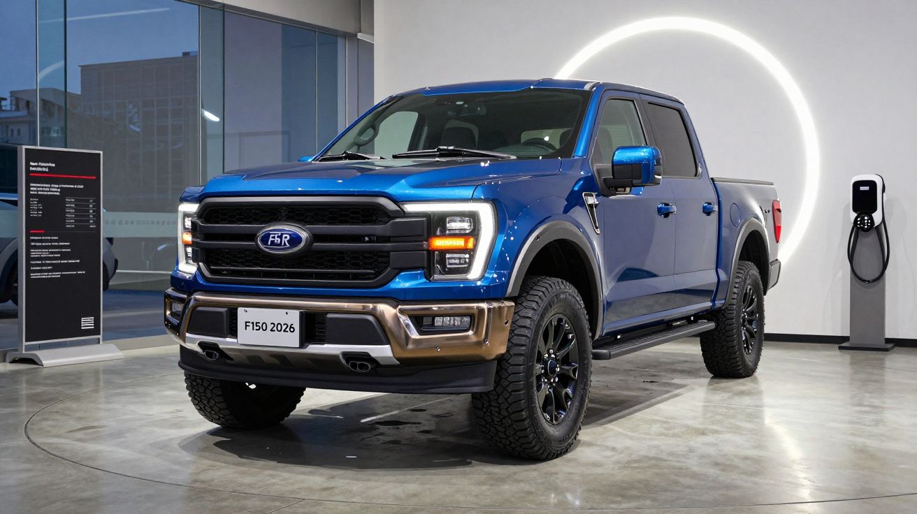 Picape azul F-150 2026 elétrica exibida em showroom moderno com carregador ao fundo.