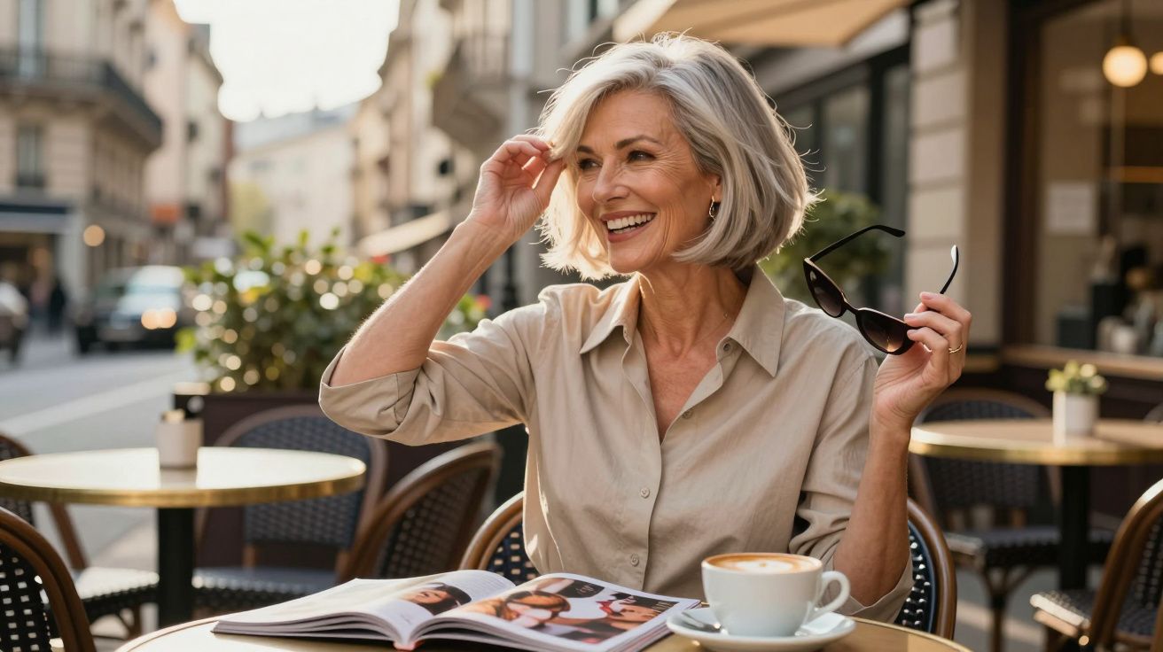 Mulher madura sorridente segurando óculos em café ao ar livre, com revista e café à sua frente.