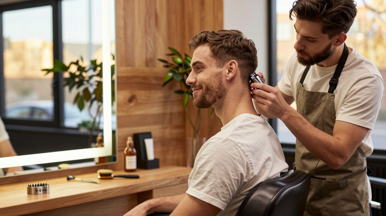 Homem sorridente recebendo corte de cabelo com máquina em barbearia moderna e iluminada.