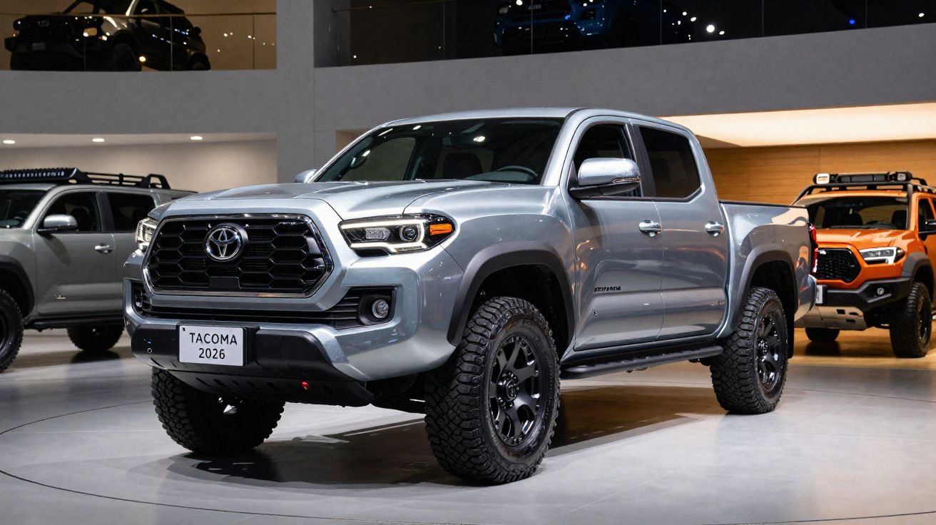 Picape Toyota Tacoma 2026 prata exibida em showroom com outros veículos ao fundo.