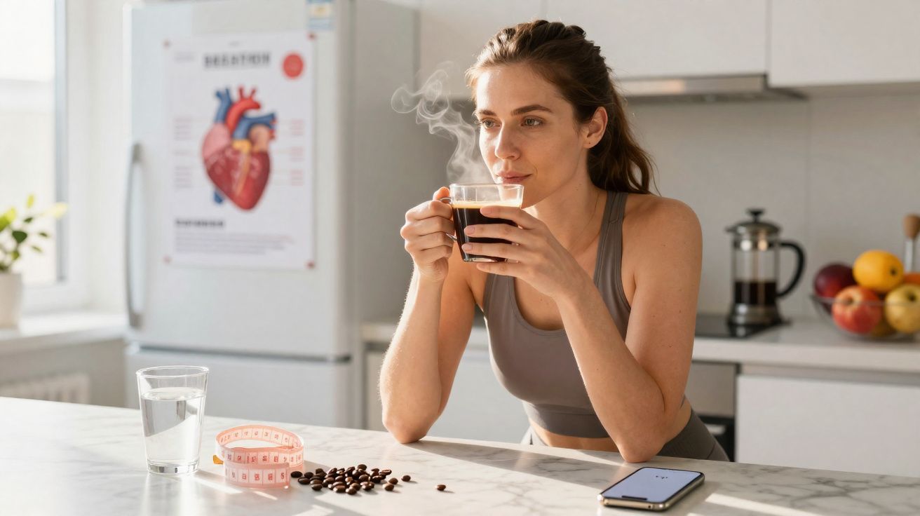 Mulher segurando xícara de café quente na cozinha, com copo de água, grãos de café e fita métrica na mesa.