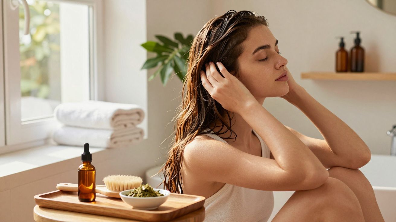 Mulher relaxando com os olhos fechados em banheiro iluminado, ao lado de óleos e plantas para cuidados.