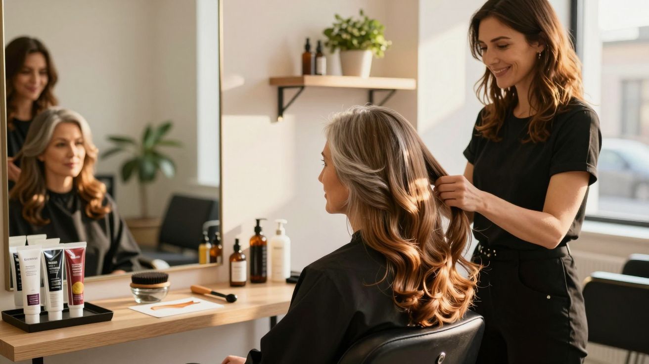Mulher sorrindo penteia cabelo longo e ondulado de cliente em salão de beleza iluminado.
