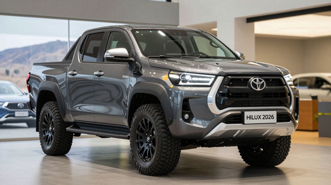Picape Toyota Hilux 2026 cinza com rodas pretas em showroom moderno.