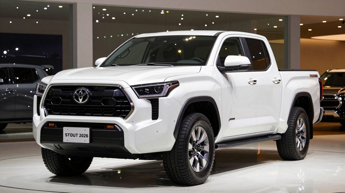 Picape branca Toyota Stout 2026 exibida em salão de automóveis com iluminação interna.
