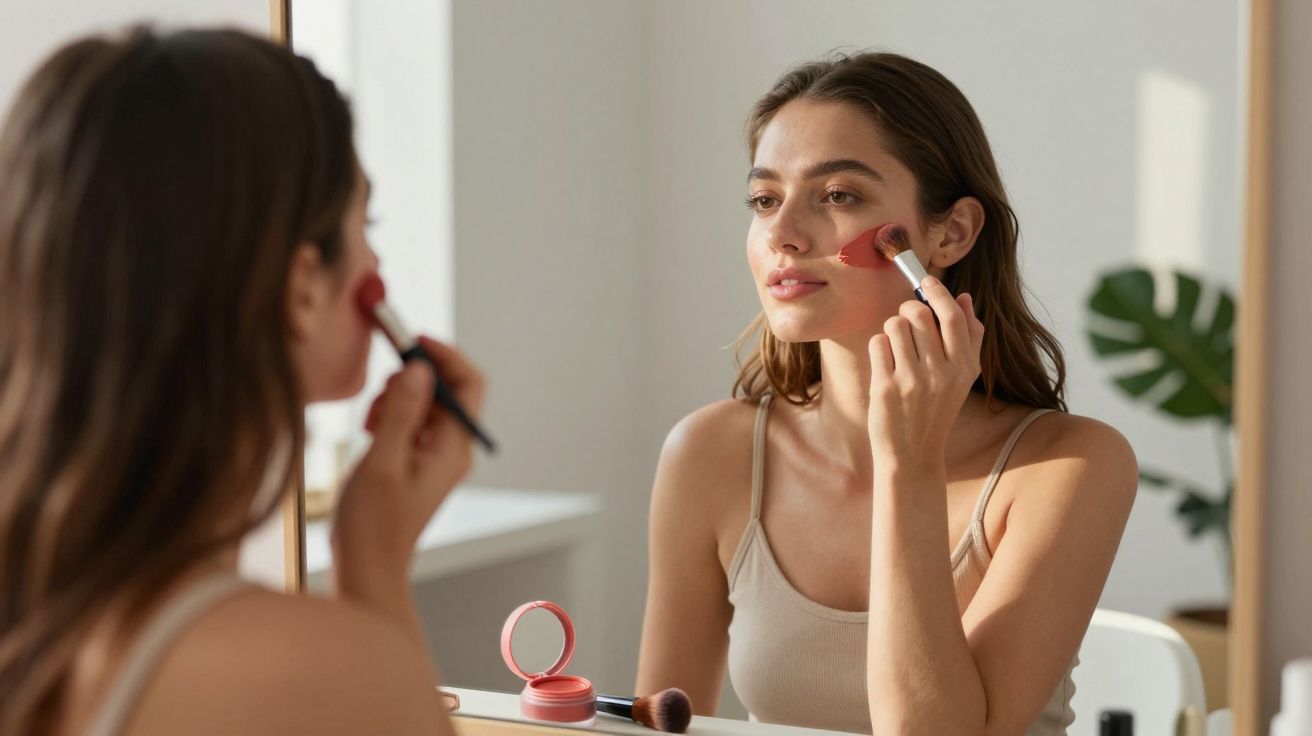 Mulher aplicando blush no rosto enquanto se olha em espelho em ambiente iluminado.