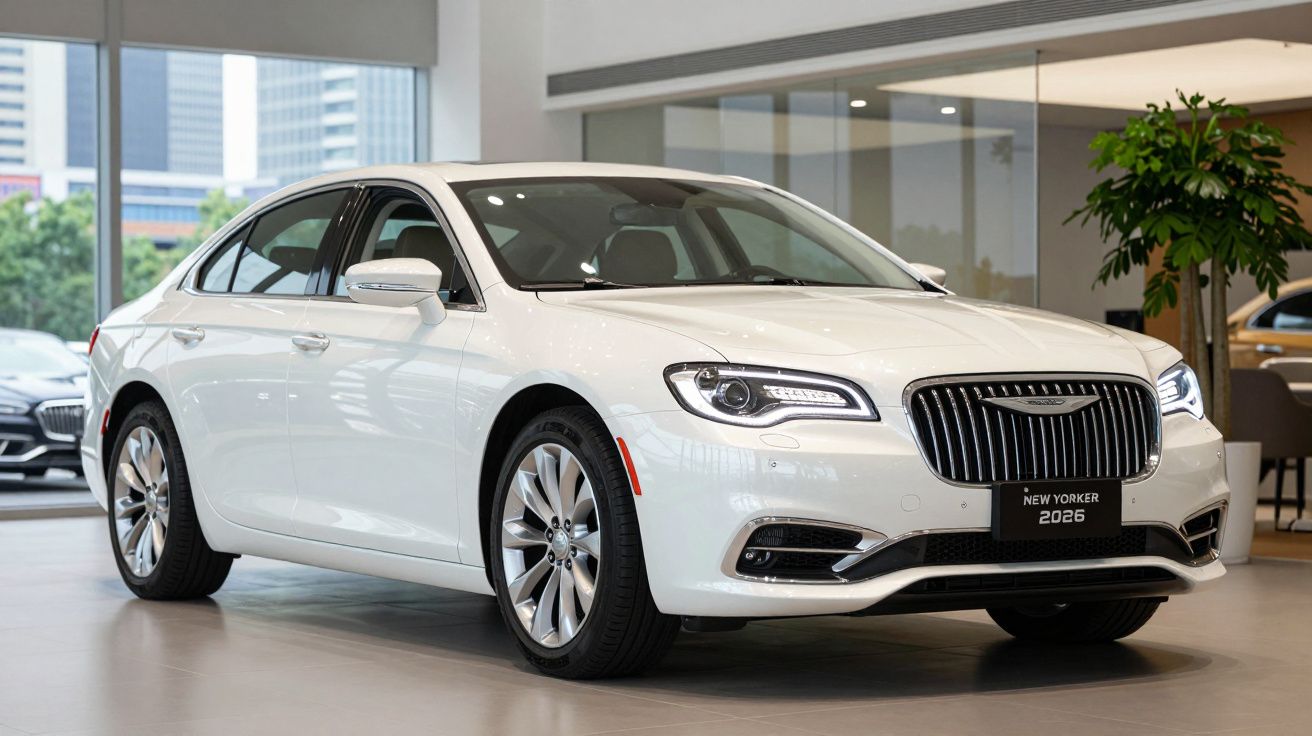 Carro branco sedã Lincoln New Yorker 2026 em exposição dentro de showroom moderno.