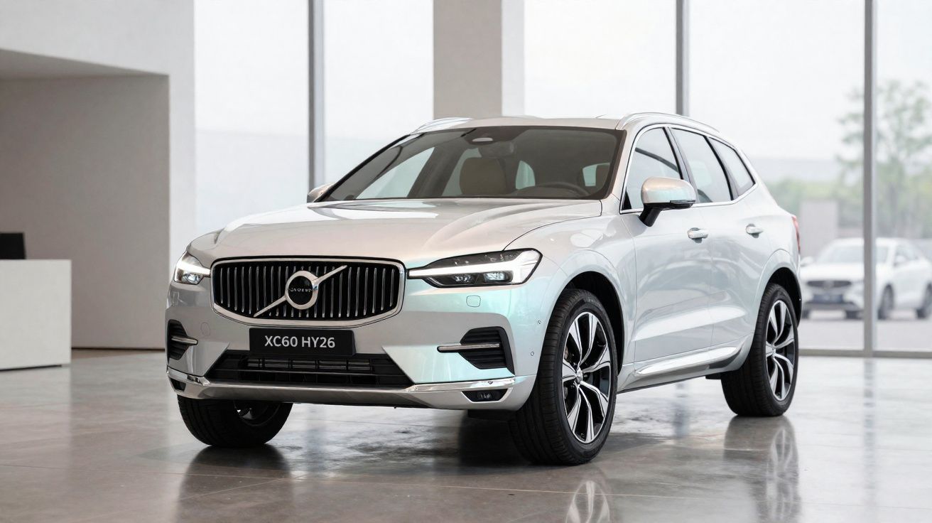 Carro Volvo XC60 branco em ambiente interno com piso refletivo e janela grande ao fundo.
