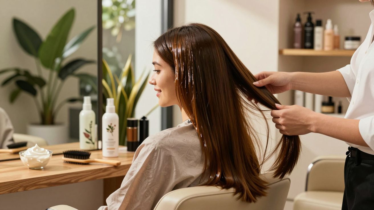 Mulher sentada em cadeira de salão recebe tratamento capilar com produto aplicado em cabelo longo e liso.