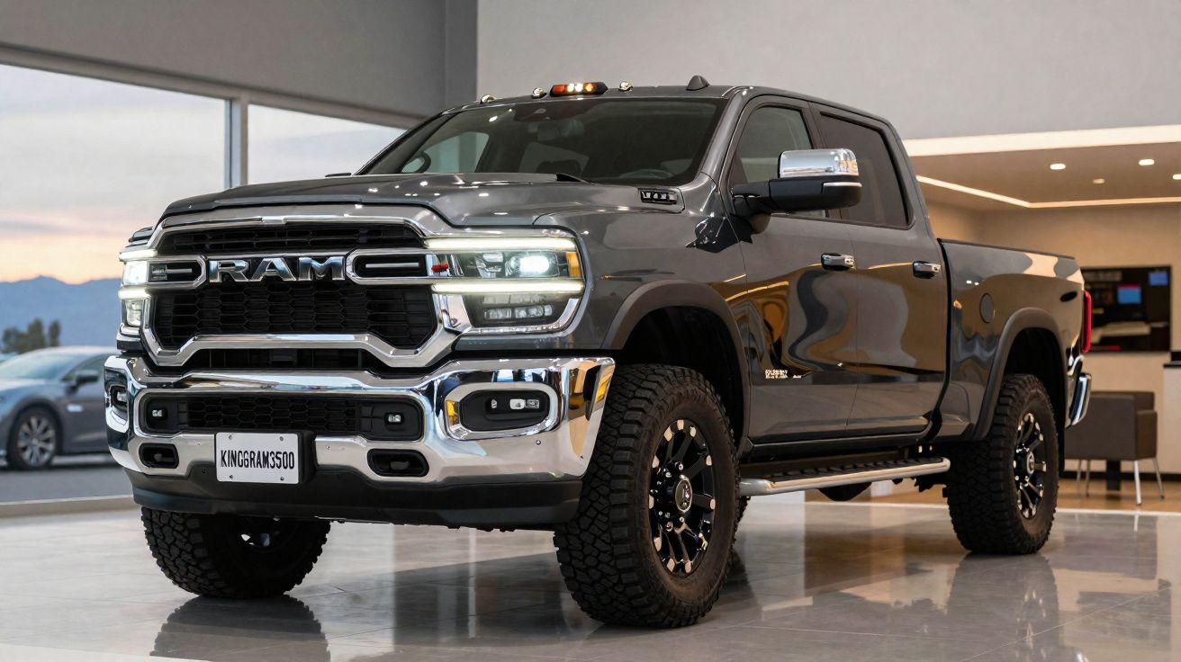 Picape RAM cinza escuro estacionada em showroom moderno com detalhes cromados e pneus off-road.