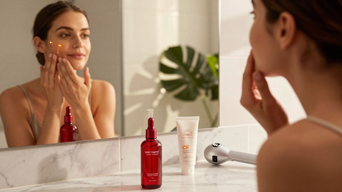 Mulher aplicando creme no rosto diante do espelho em banheiro com produtos de skincare sobre a bancada.