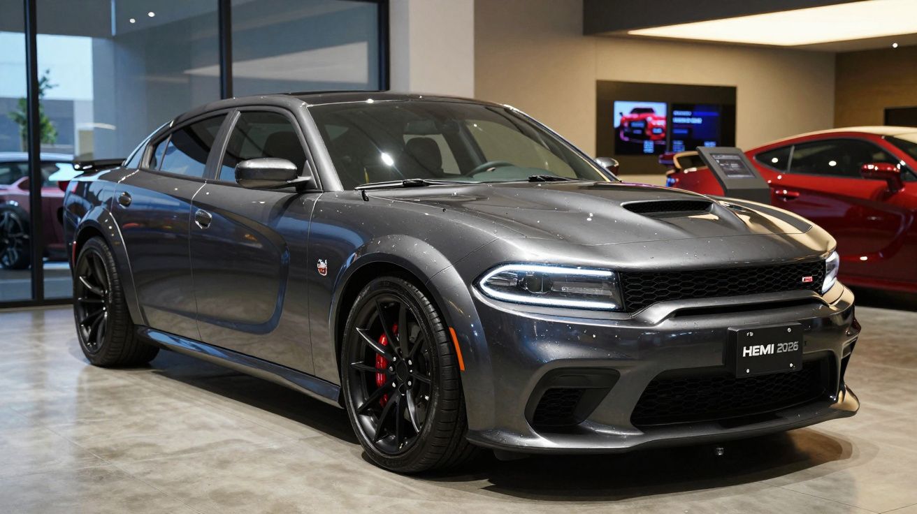 Carro esportivo cinza escuro Dodge Charger HEMI 2023 em showroom moderno com piso de cimento polido.