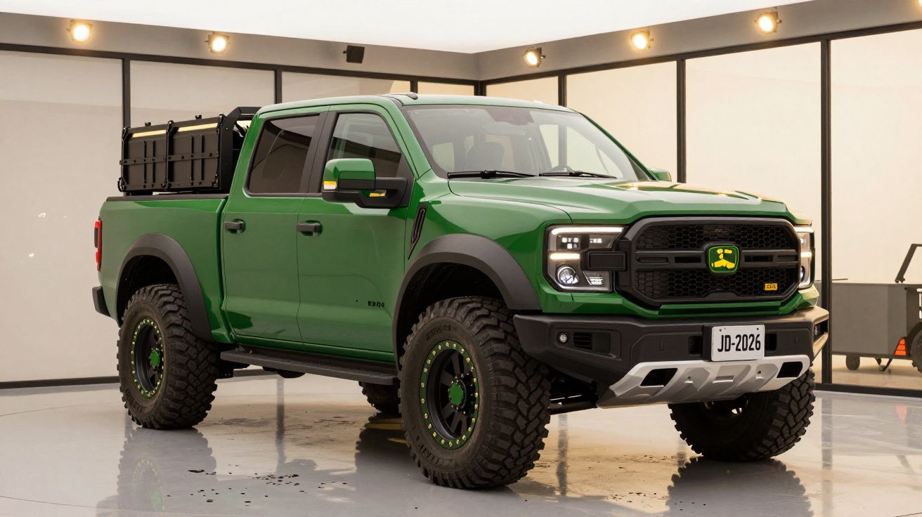 Picape verde robusta com pneus off-road, cabine dupla e grade frontal com logo iluminado em estúdio.