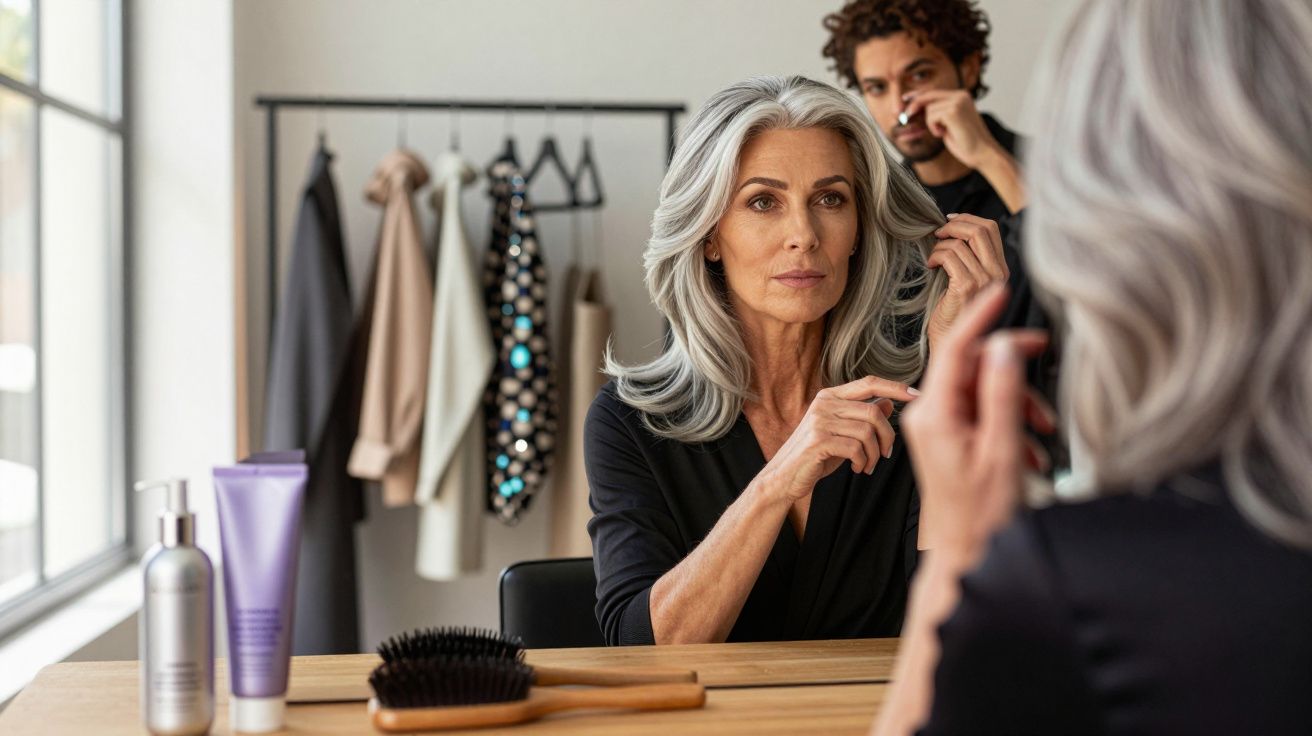 Mulher madura com cabelo grisalho arrumando o cabelo em frente ao espelho, homem ao fundo observando.