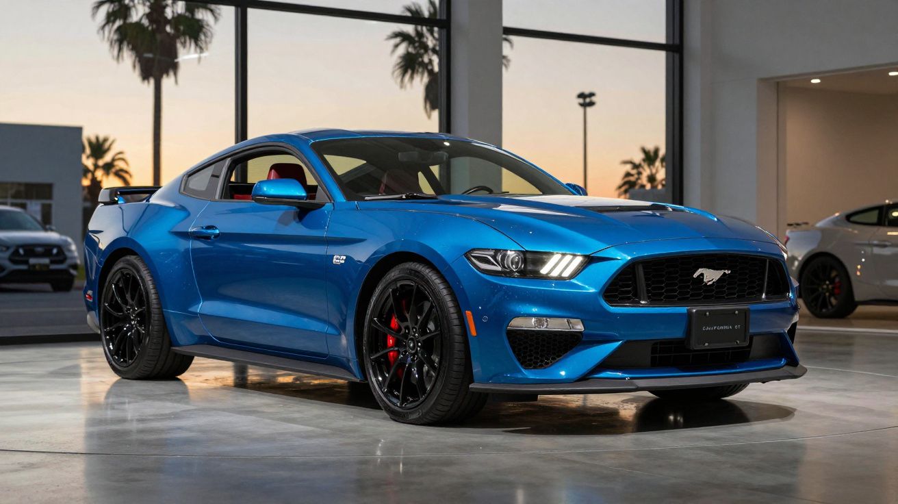 Carro esportivo azul Ford Mustang GT estacionado em ambiente interno com janelas grandes e palmeiras ao fundo.