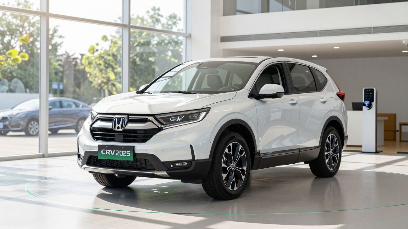 SUV branco Honda CR-V 2025 exibido em showroom moderno com grandes janelas de vidro.