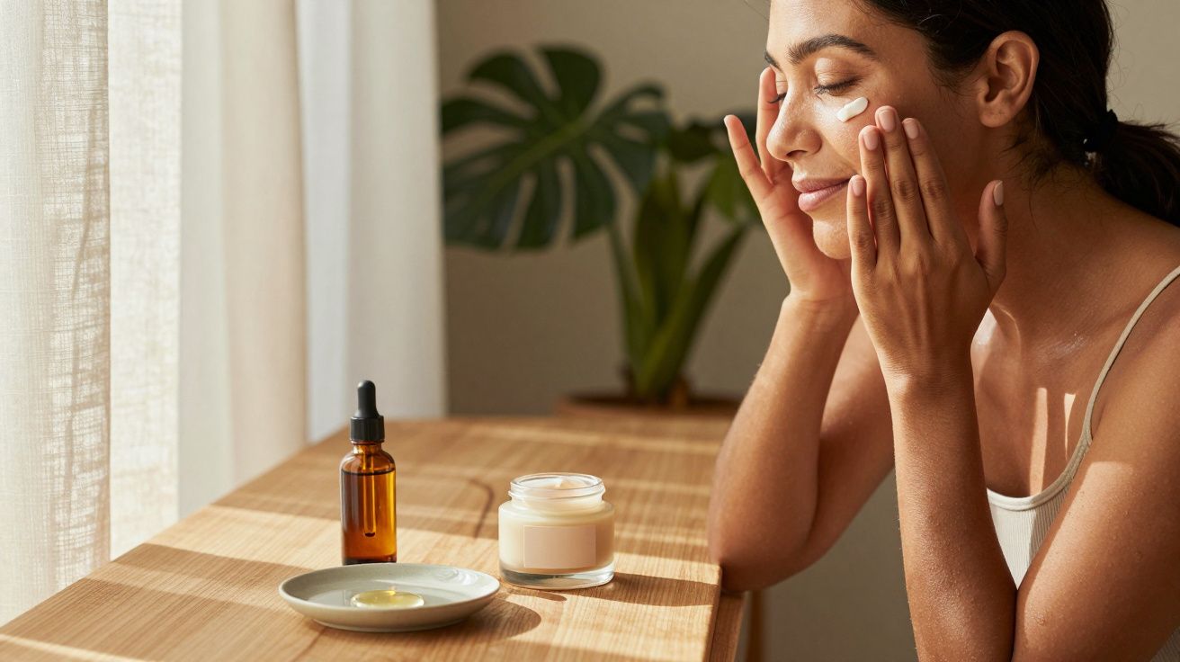 Mulher aplicando creme facial em ambiente iluminado com vasos e produtos de skincare sobre mesa de madeira.