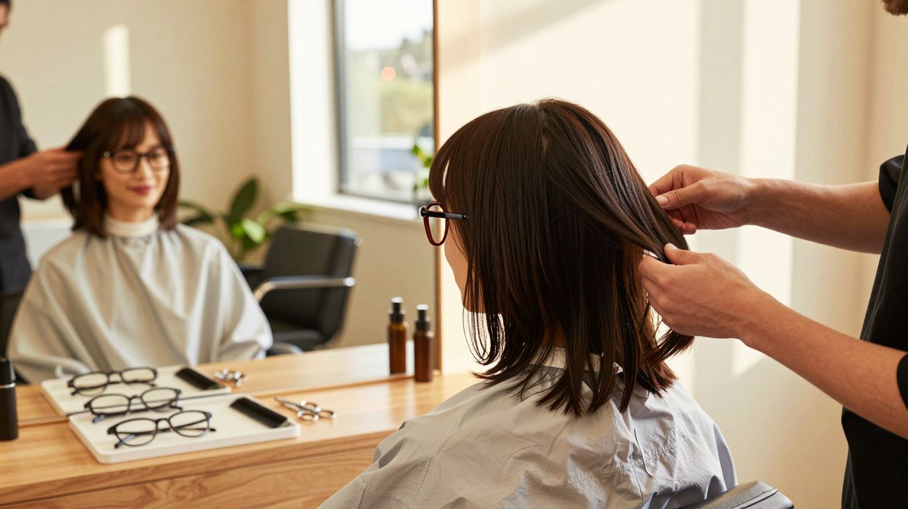Mulher de óculos sentada em cadeira de salão enquanto cabeleireiro separa seu cabelo para corte.