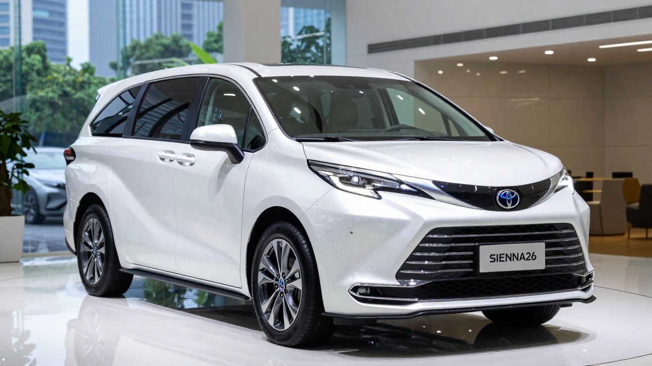 Carro branco Toyota Sienna exposto em ambiente interno moderno e iluminado.