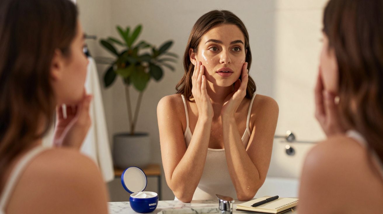 Mulher aplicando creme facial no rosto em frente ao espelho no banheiro com planta ao fundo.