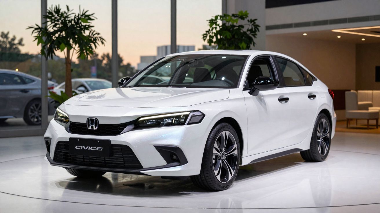 Carro branco Honda Civic estacionado em showroom moderno com plantas ao fundo.