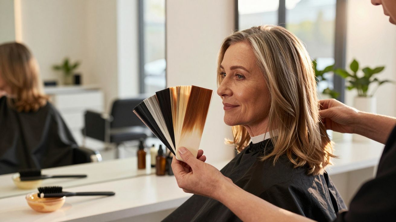 Mulher sentada em salão de beleza escolhe cor de cabelo com profissional.