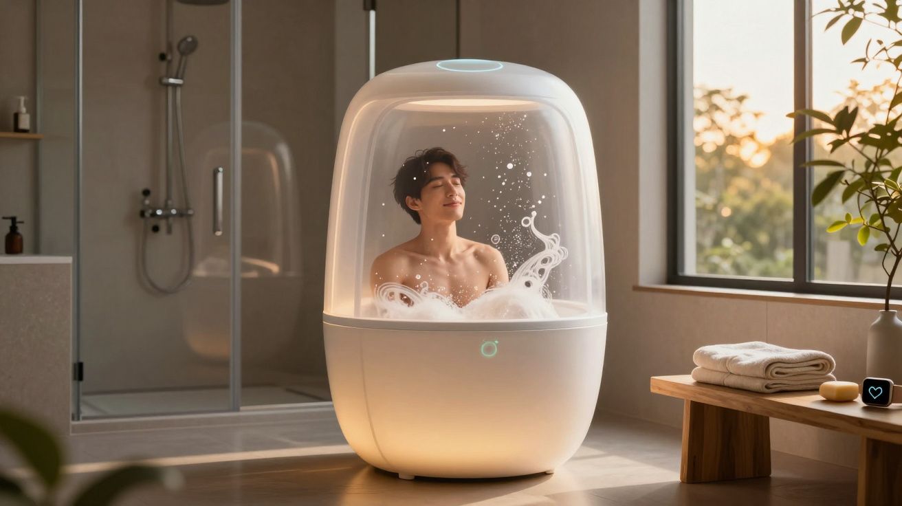 Pessoa relaxando em banheira futurista com bolhas em banheiro moderno e claro.