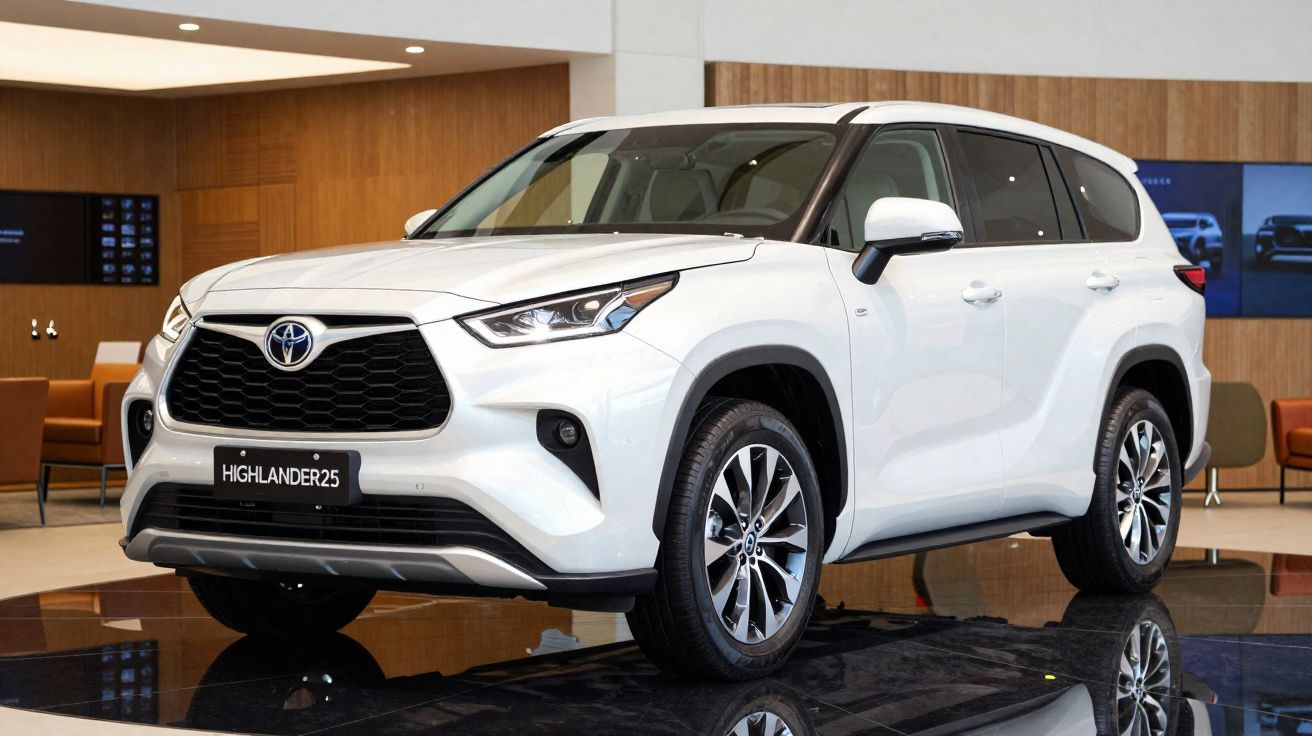 SUV branco Toyota Highlander 2025 exibido em salão com piso brilhante e decoração moderna.