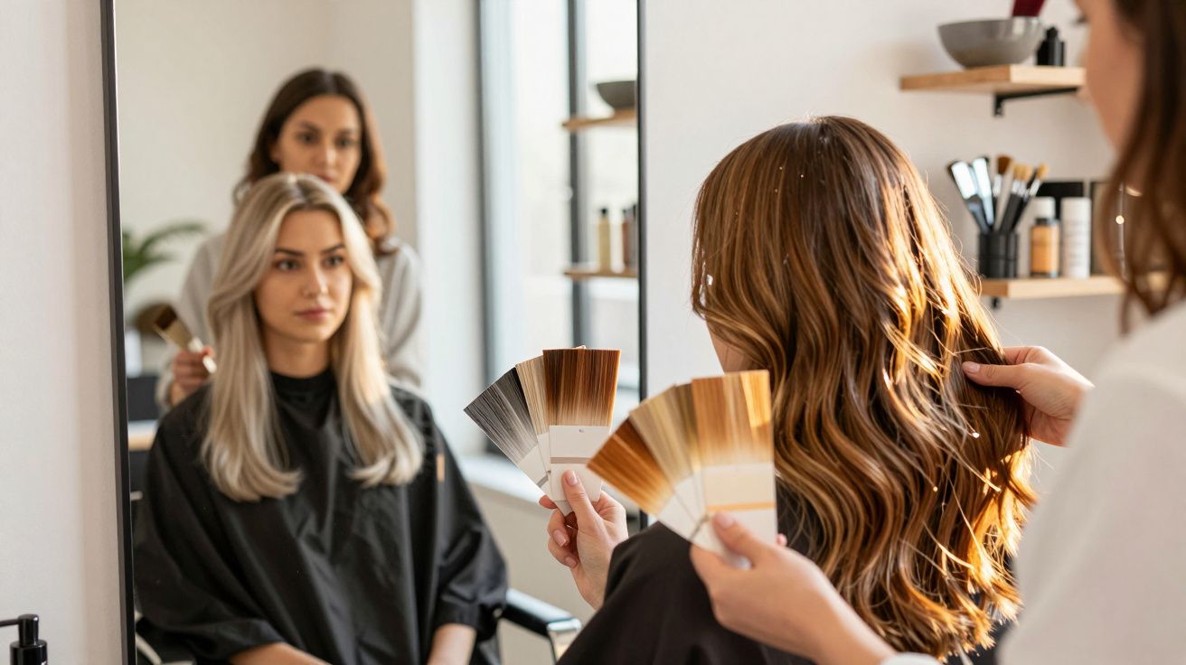 Mulher consultando cabeleireira sobre cores de tinta para cabelo em salão de beleza.
